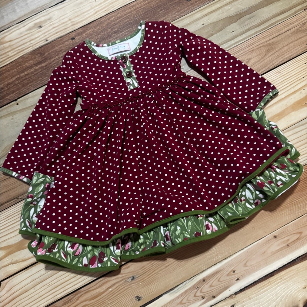 SweetHoney Burgundy Polka Dot Dress with Green Floral Trim
